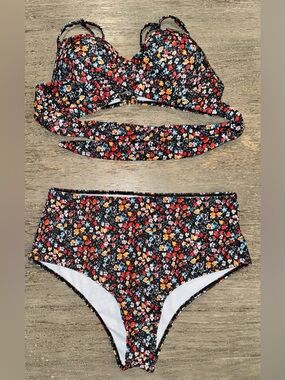 Floral High-Waist Bikini Set - Black/Red/Yellow-NWOT